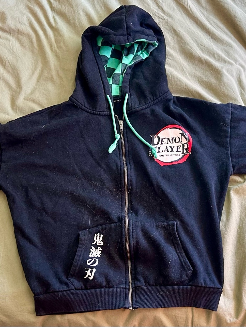 Demon Slayer Kids Black Hoodie with Green Check Lining, unisex